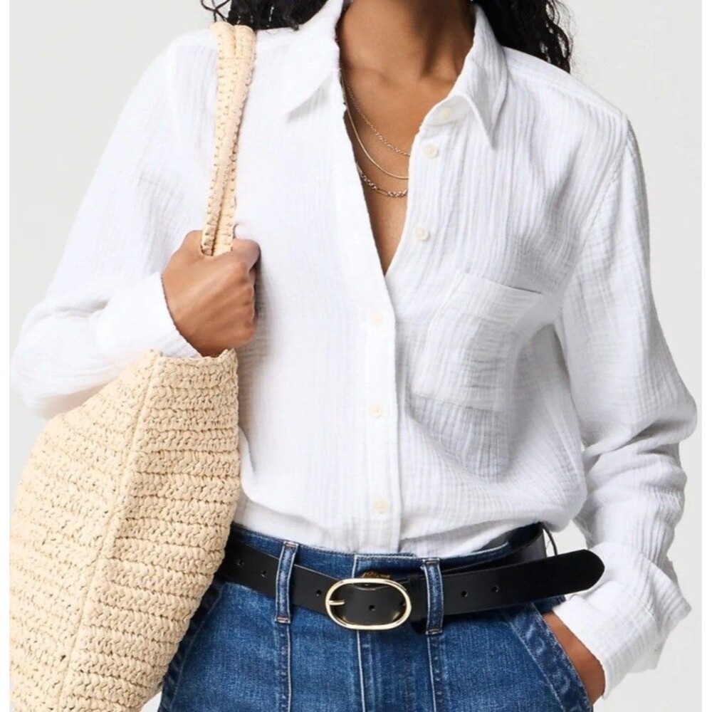 J Crew white cotton Gauzy button down long sleeve shirt blouse white sz L NWT